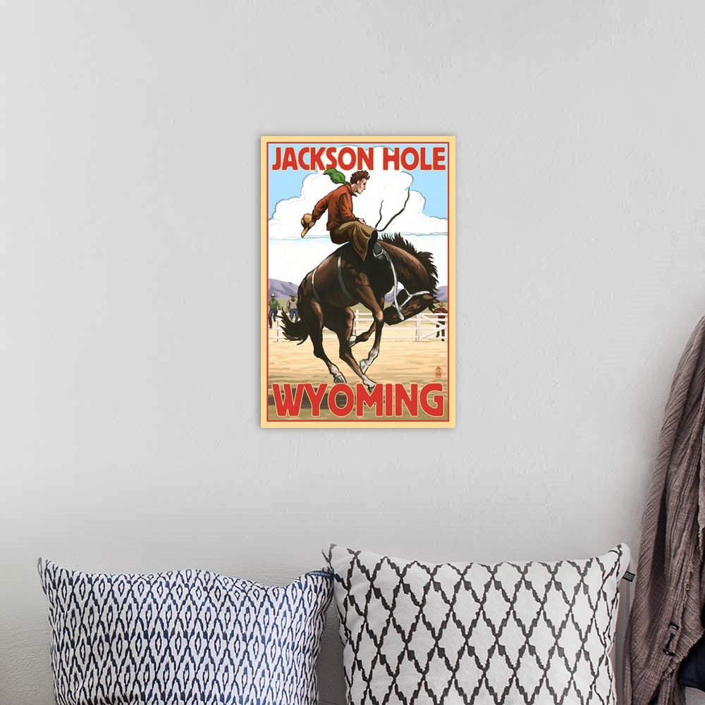 A bohemian room featuring Jackson Hole, Wyoming Bucking Bronco: Retro Travel Poster