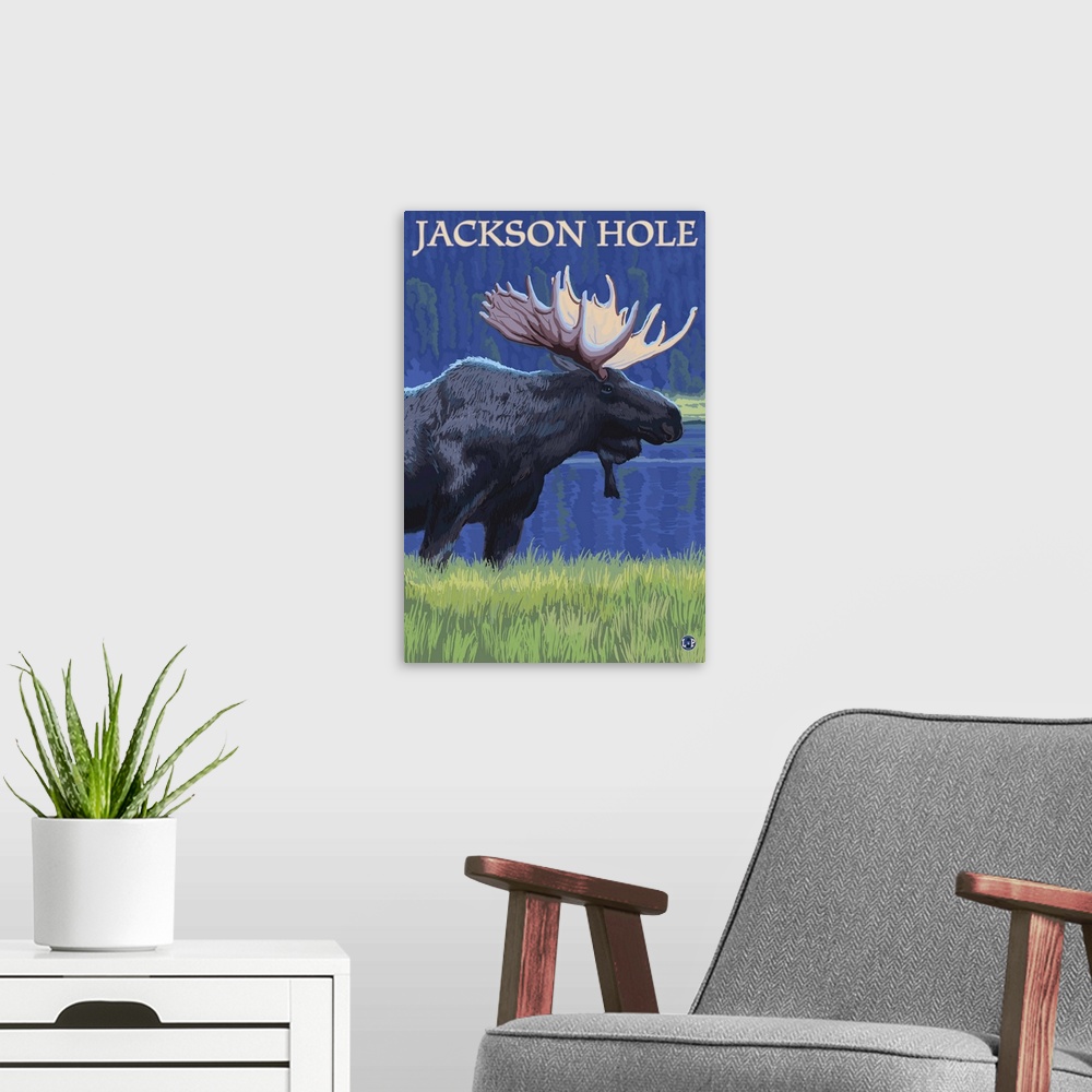 A modern room featuring Jackson Hole, Wyoming - Moose at Night: Retro Travel Poster