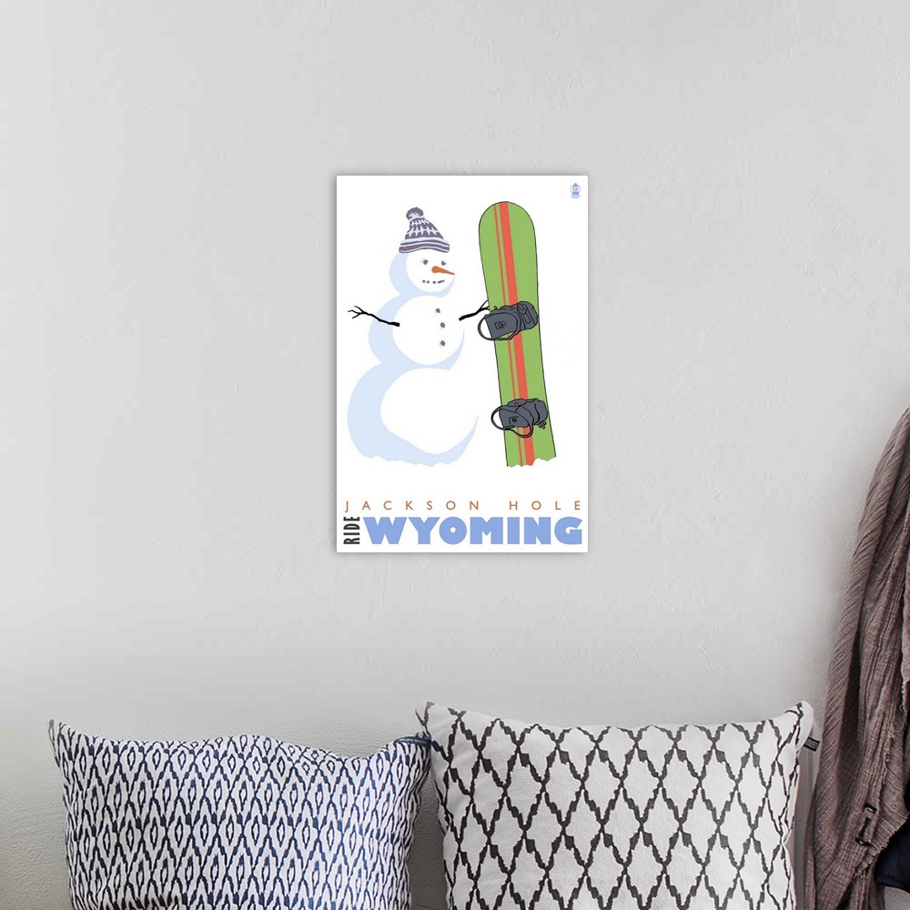 A bohemian room featuring Jackson Hole, Wyoming - Snowman with Snowboard: Retro Travel Poster