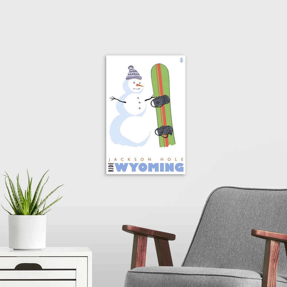 A modern room featuring Jackson Hole, Wyoming - Snowman with Snowboard: Retro Travel Poster