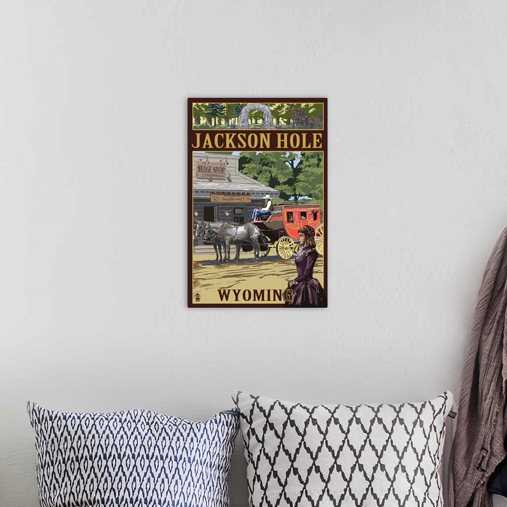 A bohemian room featuring Jackson Hole, Wyoming Stagecoach: Retro Travel Poster