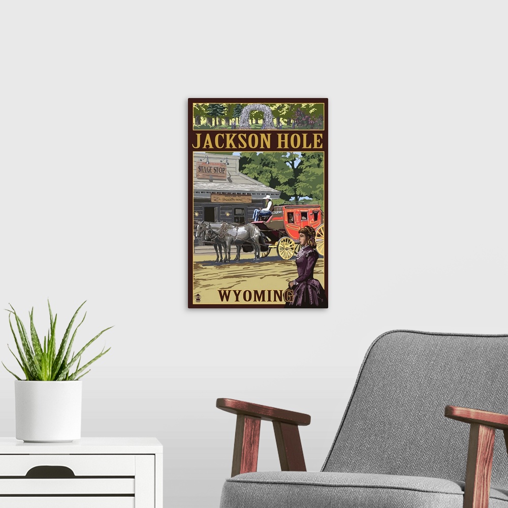 A modern room featuring Jackson Hole, Wyoming Stagecoach: Retro Travel Poster
