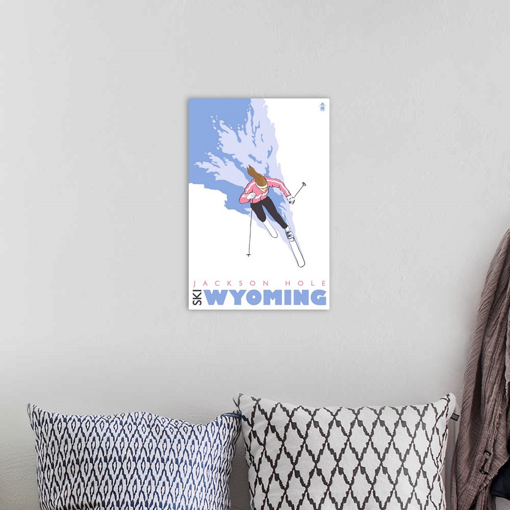 A bohemian room featuring Jackson Hole, Wyoming - Stylized Skier (Woman): Retro Travel Poster