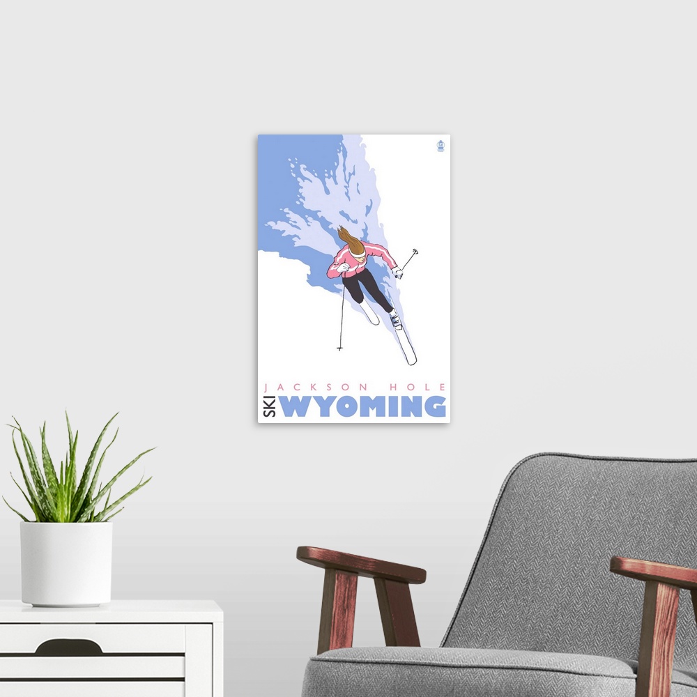 A modern room featuring Jackson Hole, Wyoming - Stylized Skier (Woman): Retro Travel Poster