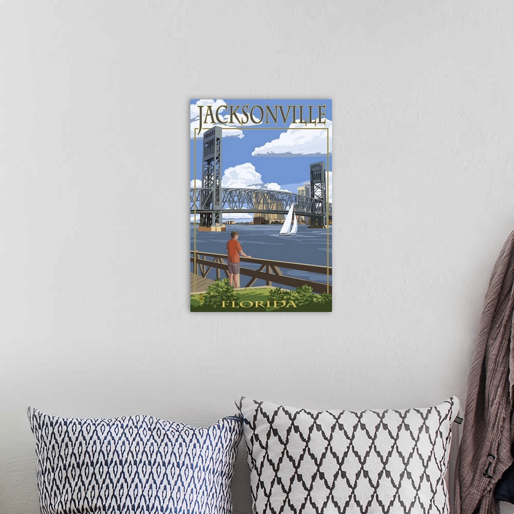 A bohemian room featuring Jacksonville, Florida - Bridge Scene: Retro Travel Poster