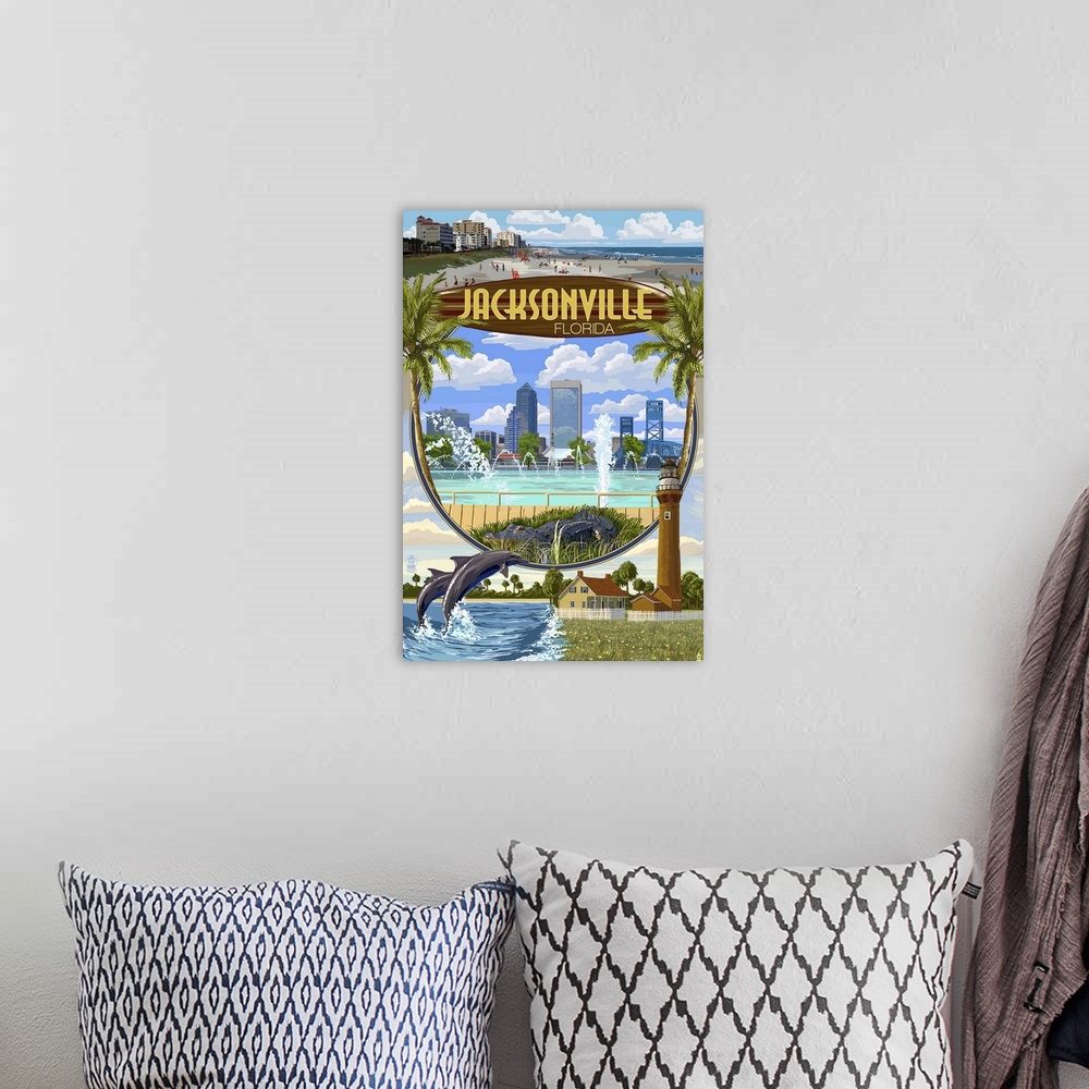A bohemian room featuring Retro stylized art poster of a city skyline, with dolphins jumping into the air at the bottom of ...
