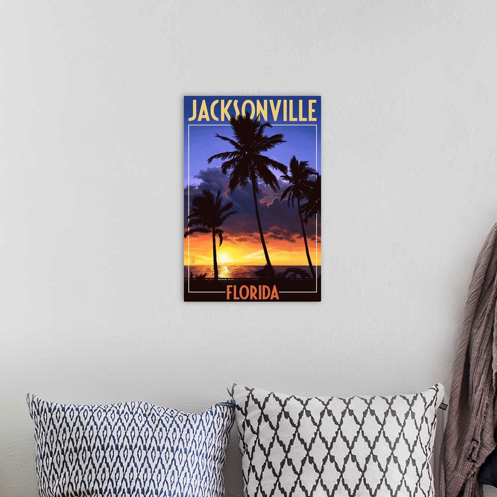 A bohemian room featuring Jacksonville, Florida - Palms and Sunset: Retro Travel Poster