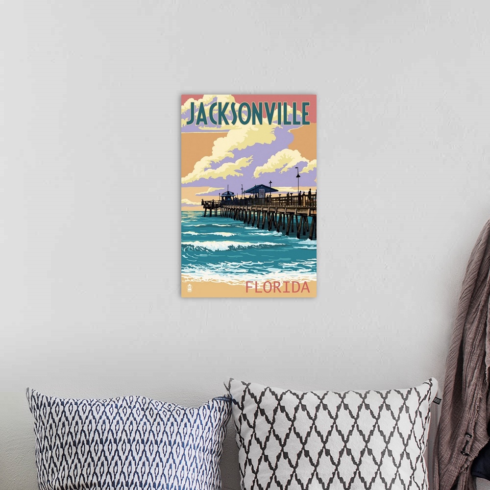 A bohemian room featuring Jacksonville, Florida - Pier and Sunset: Retro Travel Poster