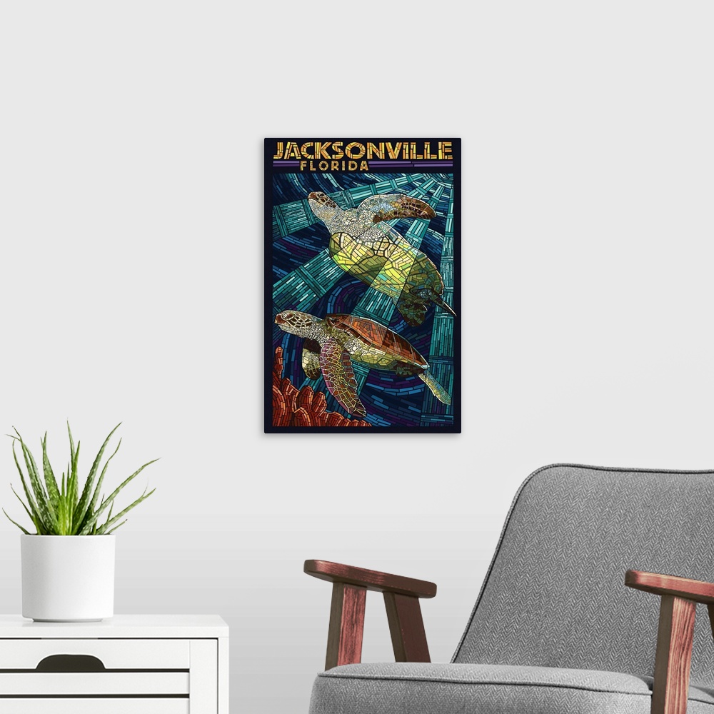 A modern room featuring Jacksonville, Florida - Sea Turtle Paper Mosaic: Retro Travel Poster