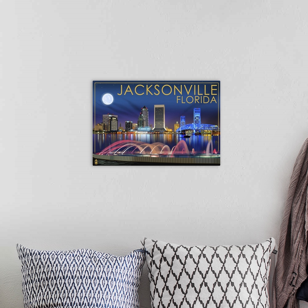 A bohemian room featuring Jacksonville, Florida - Skyline at Night: Retro Travel Poster