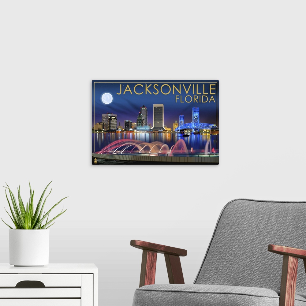 A modern room featuring Jacksonville, Florida - Skyline at Night: Retro Travel Poster