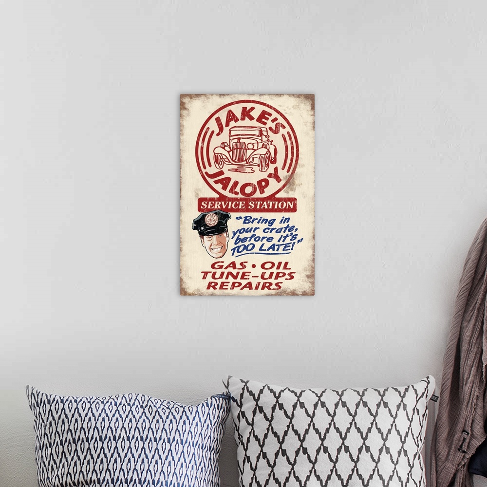 A bohemian room featuring Jakes Jalopy Service Station, Vintage Sign