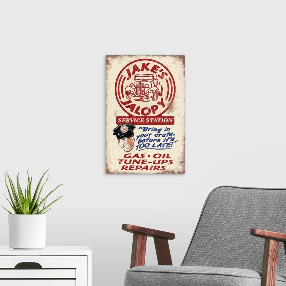 A modern room featuring Jakes Jalopy Service Station, Vintage Sign