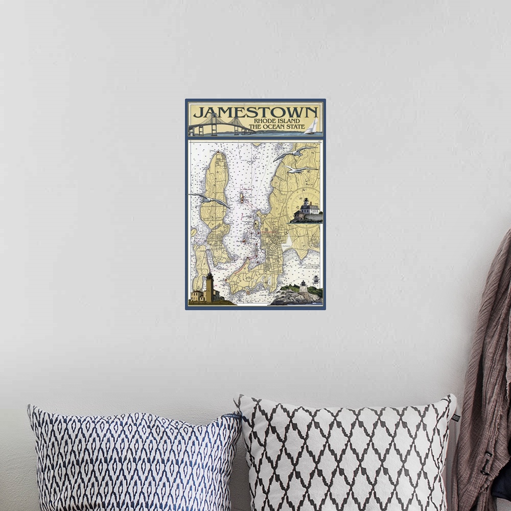 A bohemian room featuring Jamestown, Rhode Island Nautical Chart: Retro Travel Poster