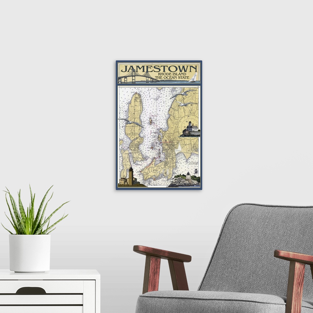 A modern room featuring Jamestown, Rhode Island Nautical Chart: Retro Travel Poster