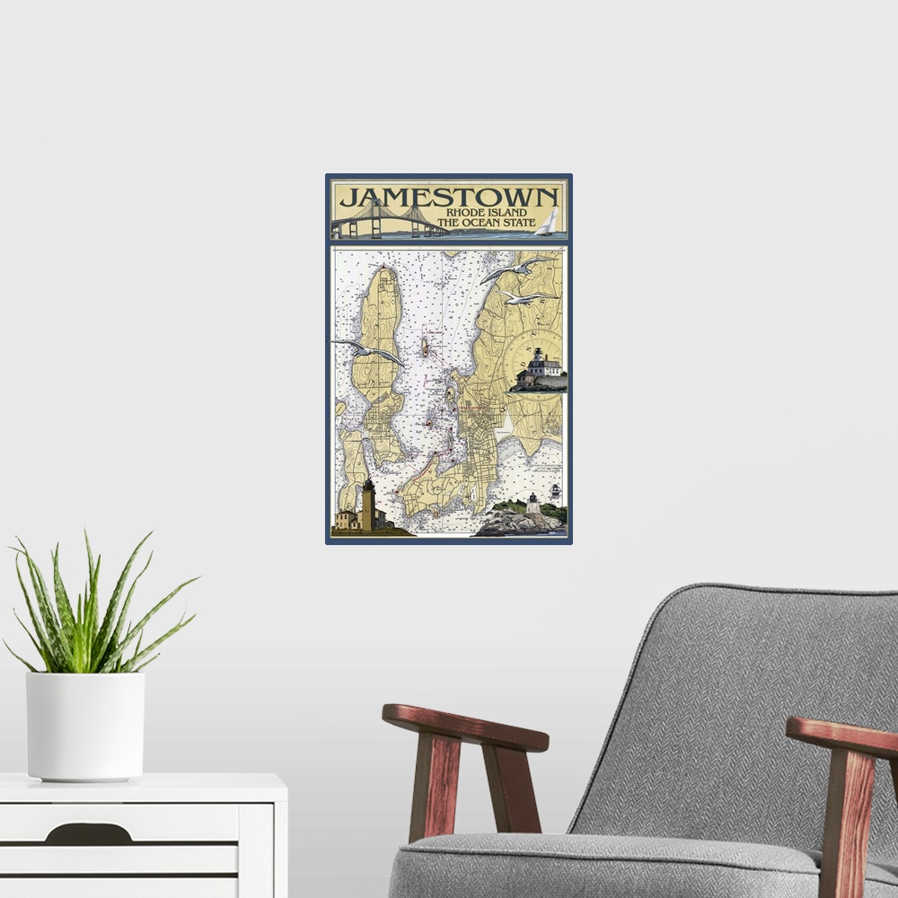 A modern room featuring Jamestown, Rhode Island Nautical Chart: Retro Travel Poster