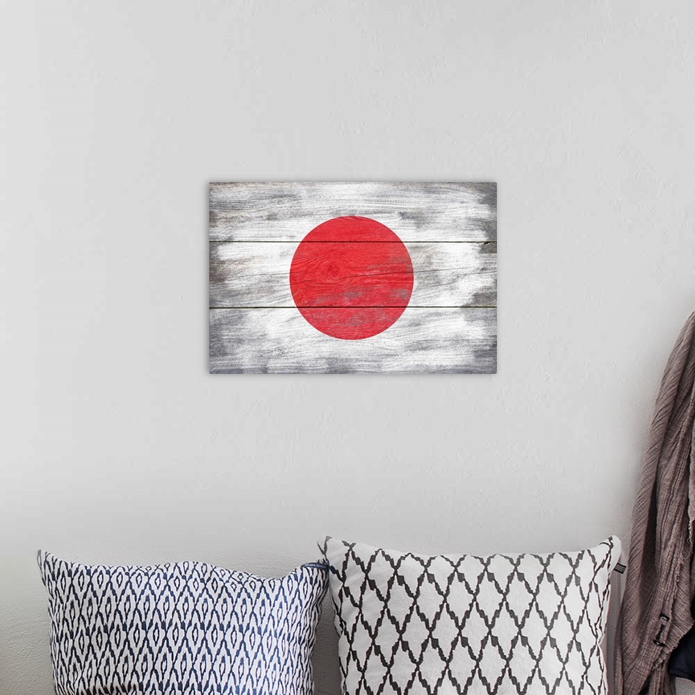 A bohemian room featuring The flag of Japan with a weathered wooden board effect.