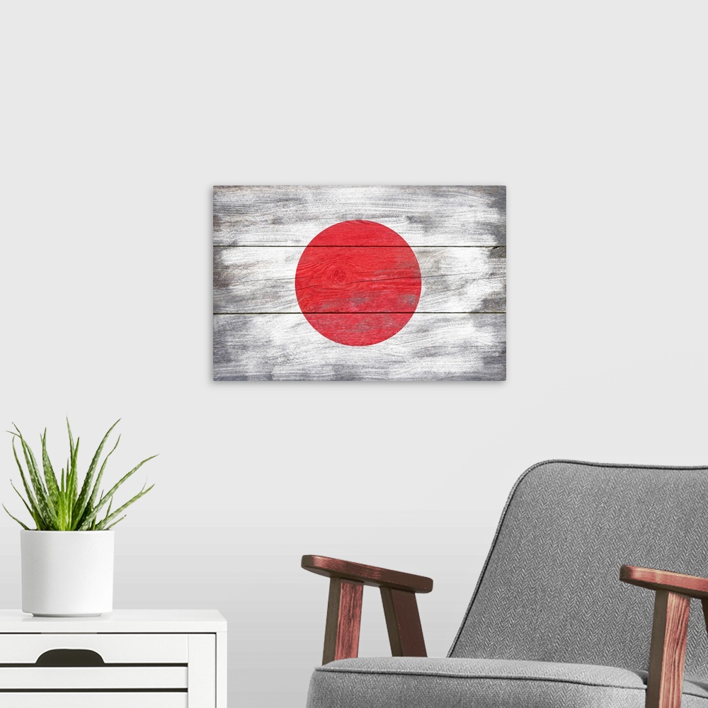 A modern room featuring The flag of Japan with a weathered wooden board effect.