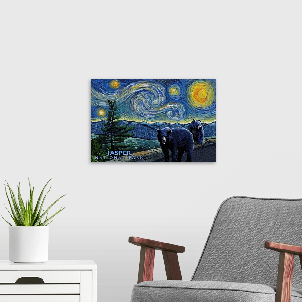A modern room featuring Jasper, Canada - Black Bears - Starry Night