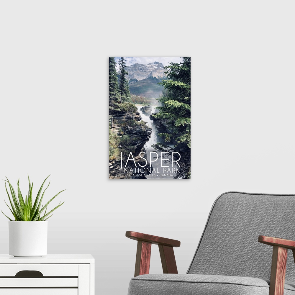 A modern room featuring Jasper National Park, Athabasca Falls: Travel Poster