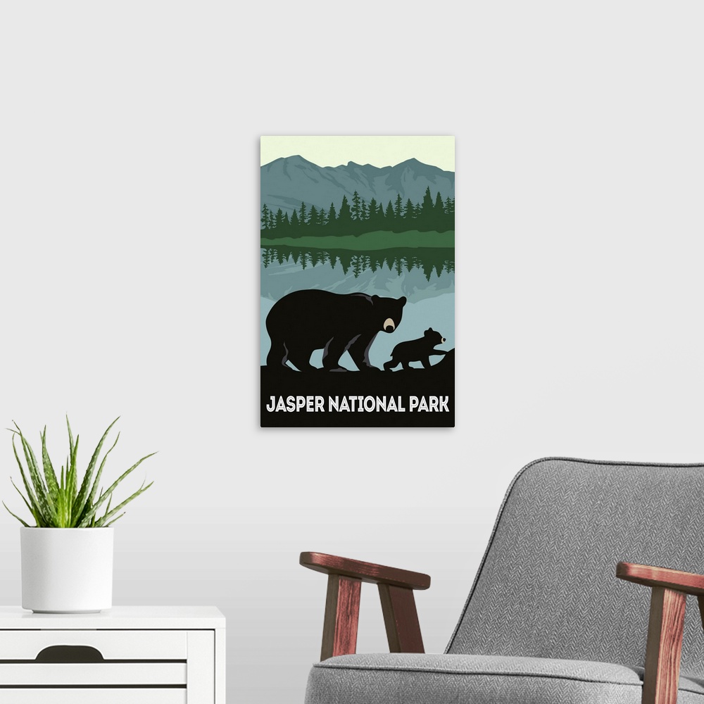 A modern room featuring Jasper National Park, Bear And Cub: Graphic Travel Poster