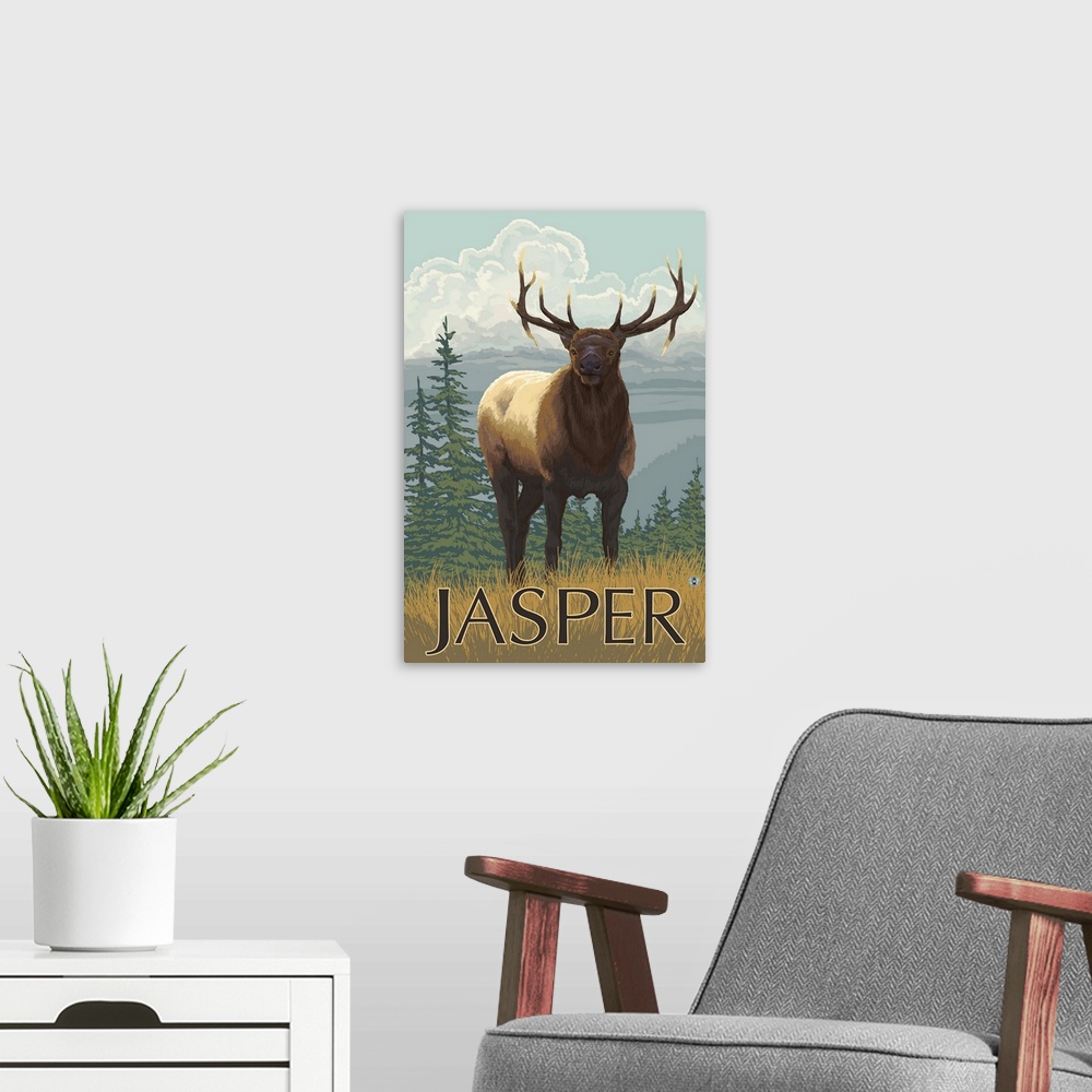 A modern room featuring Jasper National Park, Canada - Elk Scene: Retro Travel Poster