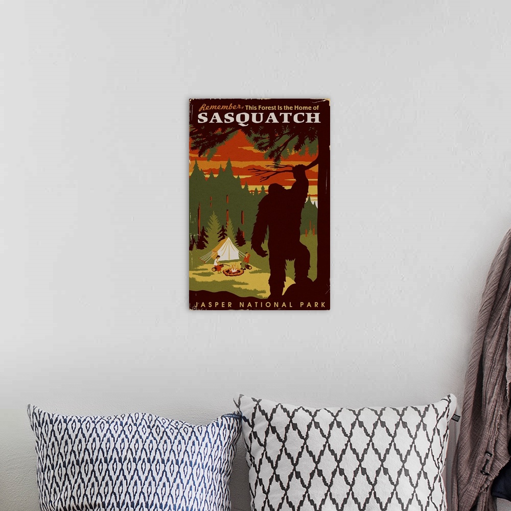 A bohemian room featuring Jasper National Park, Home Of Sasquatch: Graphic Travel Poster