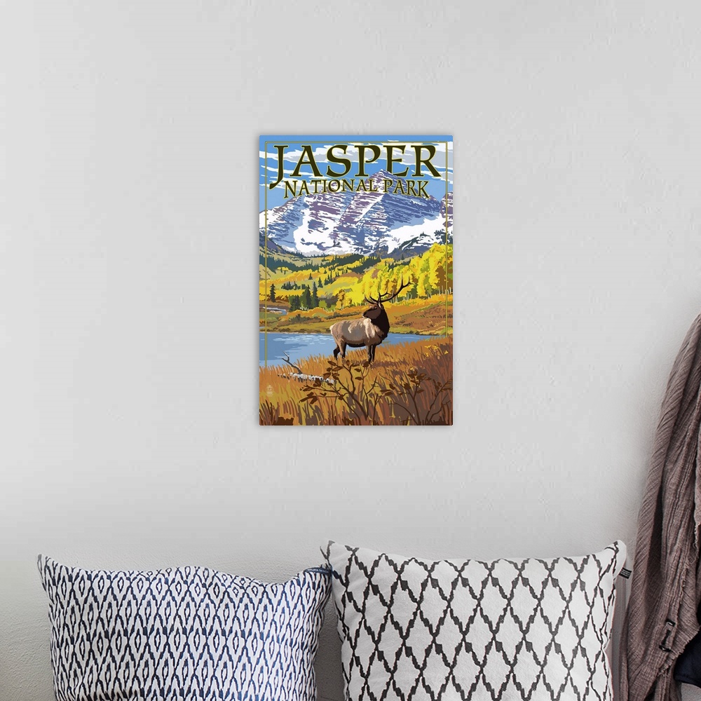 A bohemian room featuring Jasper National Park, Moose In Field: Retro Travel Poster
