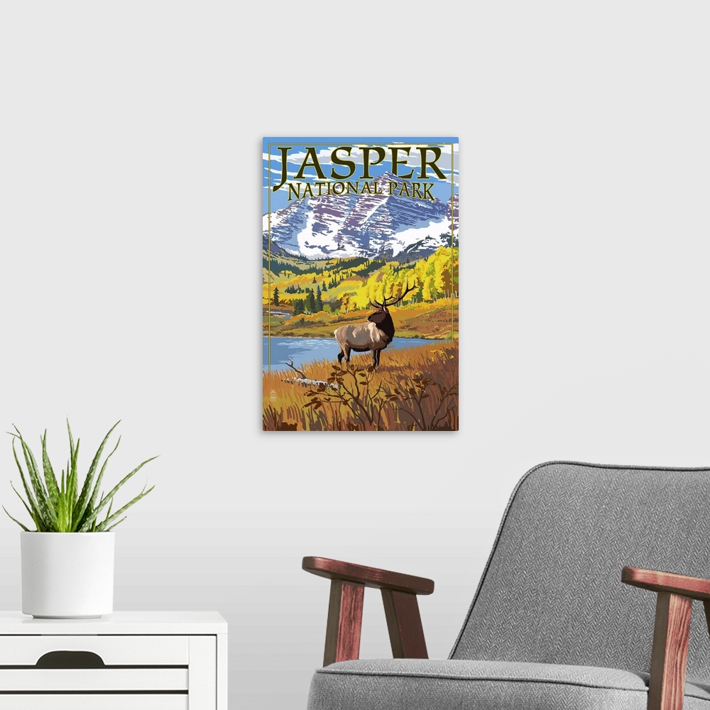 A modern room featuring Jasper National Park, Moose In Field: Retro Travel Poster