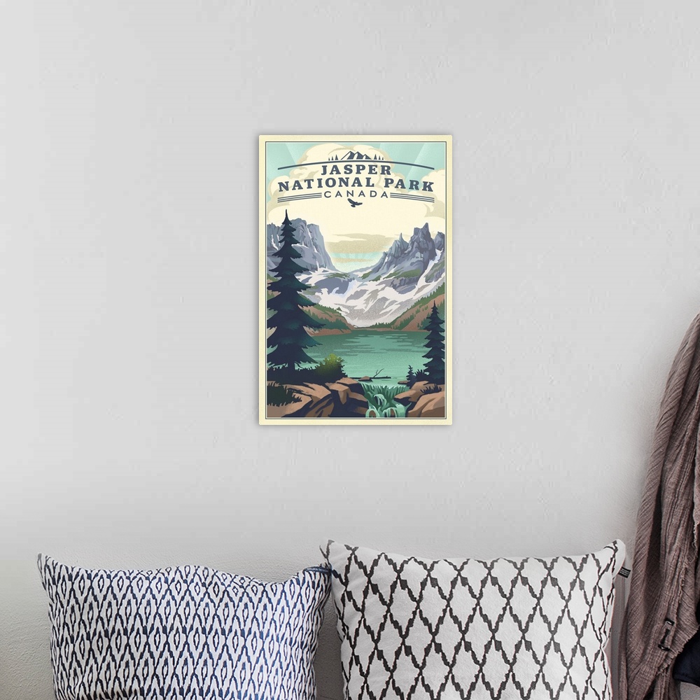 A bohemian room featuring Jasper National Park, Natural Landscape: Retro Travel Poster