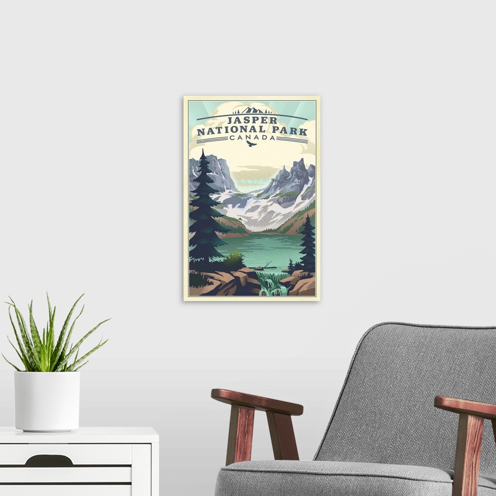 A modern room featuring Jasper National Park, Natural Landscape: Retro Travel Poster