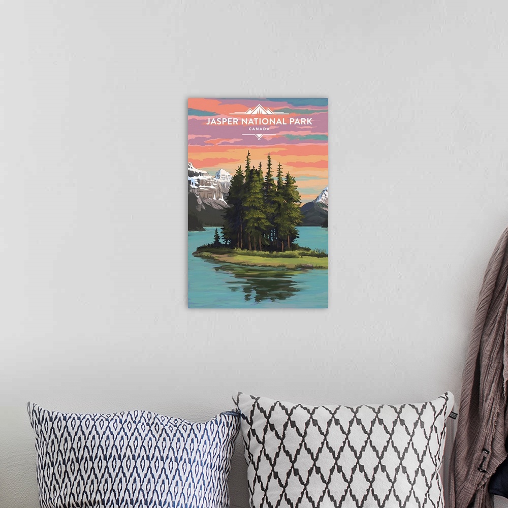 A bohemian room featuring Jasper National Park, Spirit Island: Retro Travel Poster