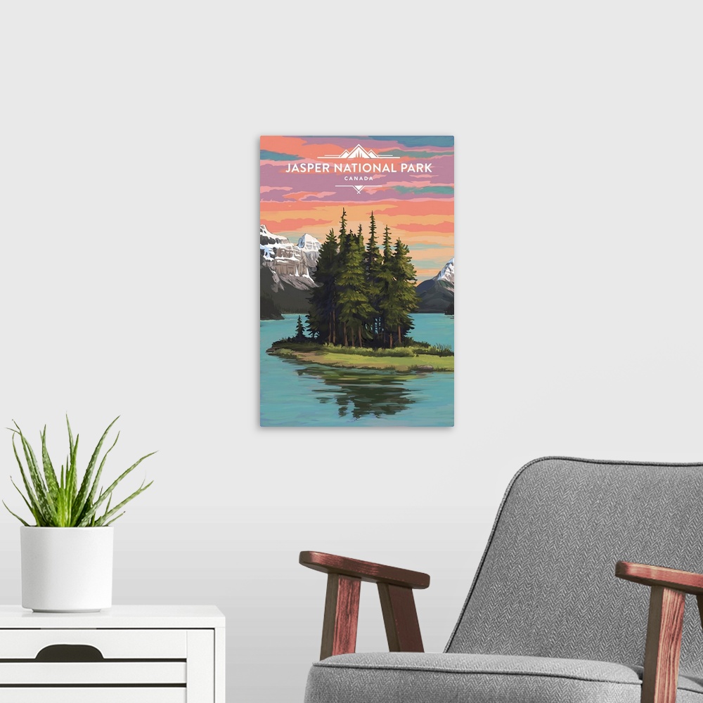 A modern room featuring Jasper National Park, Spirit Island: Retro Travel Poster
