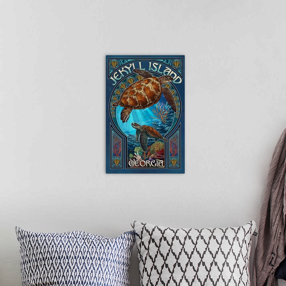 A bohemian room featuring Jekyll Island, Georgia - Sea Turtle Art Nouveau: Retro Travel Poster