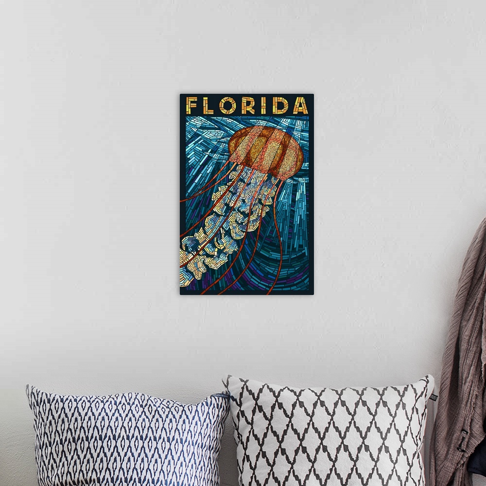A bohemian room featuring Jellyfish Paper Mosaic - Florida: Retro Travel Poster