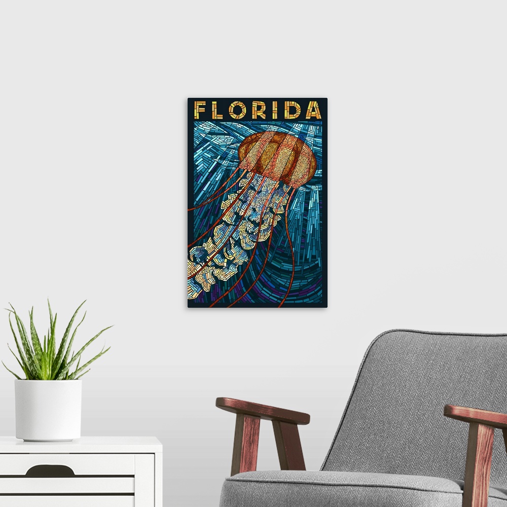A modern room featuring Jellyfish Paper Mosaic - Florida: Retro Travel Poster