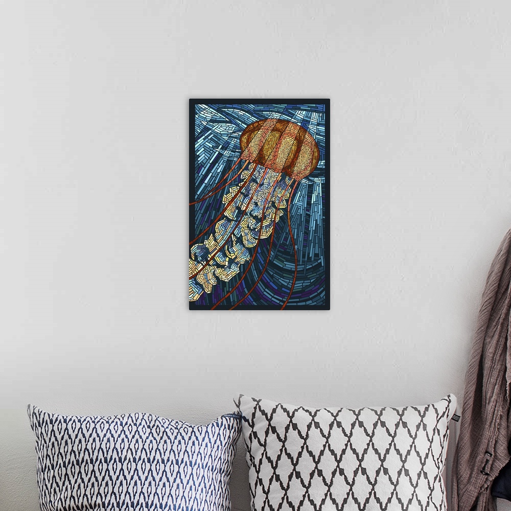 A bohemian room featuring This stylized art poster is a jellyfish floating towards daylight and created with small tiles to...