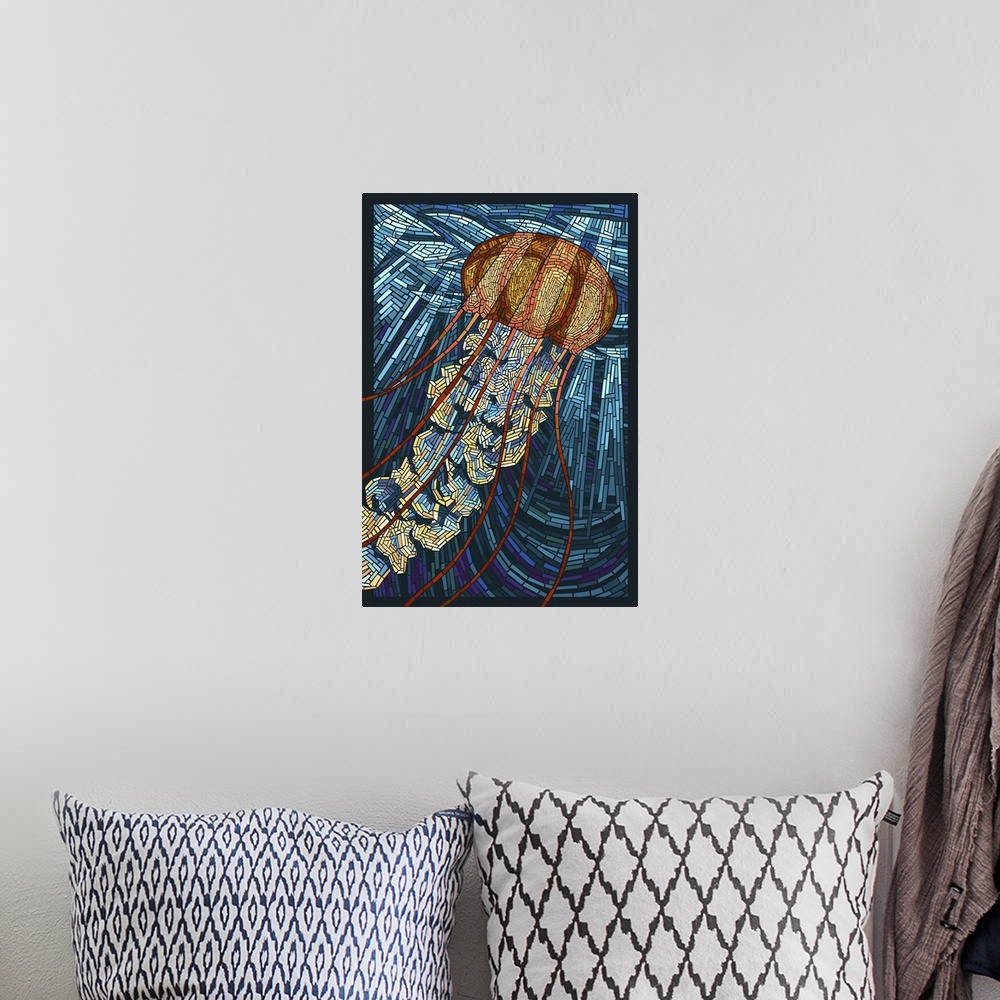 A bohemian room featuring This stylized art poster is a jellyfish floating towards daylight and created with small tiles to...
