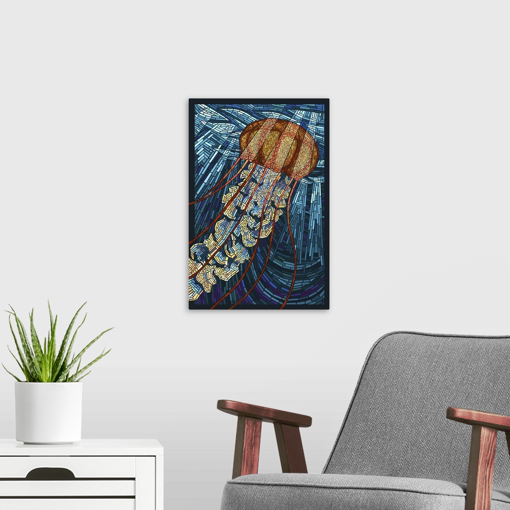 A modern room featuring This stylized art poster is a jellyfish floating towards daylight and created with small tiles to...