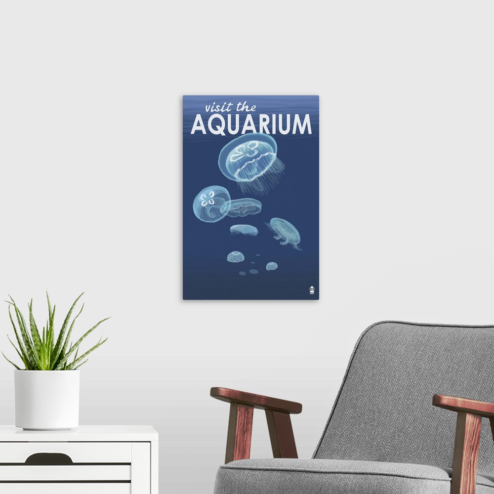 A modern room featuring Jellyfish - Visit the Aquarium: Retro Travel Poster