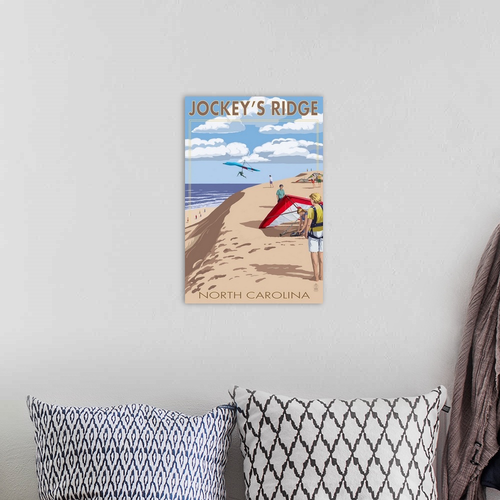 A bohemian room featuring Jockey's Ridge Hang Gliders - Outer Banks, North Carolina: Retro Travel Poster