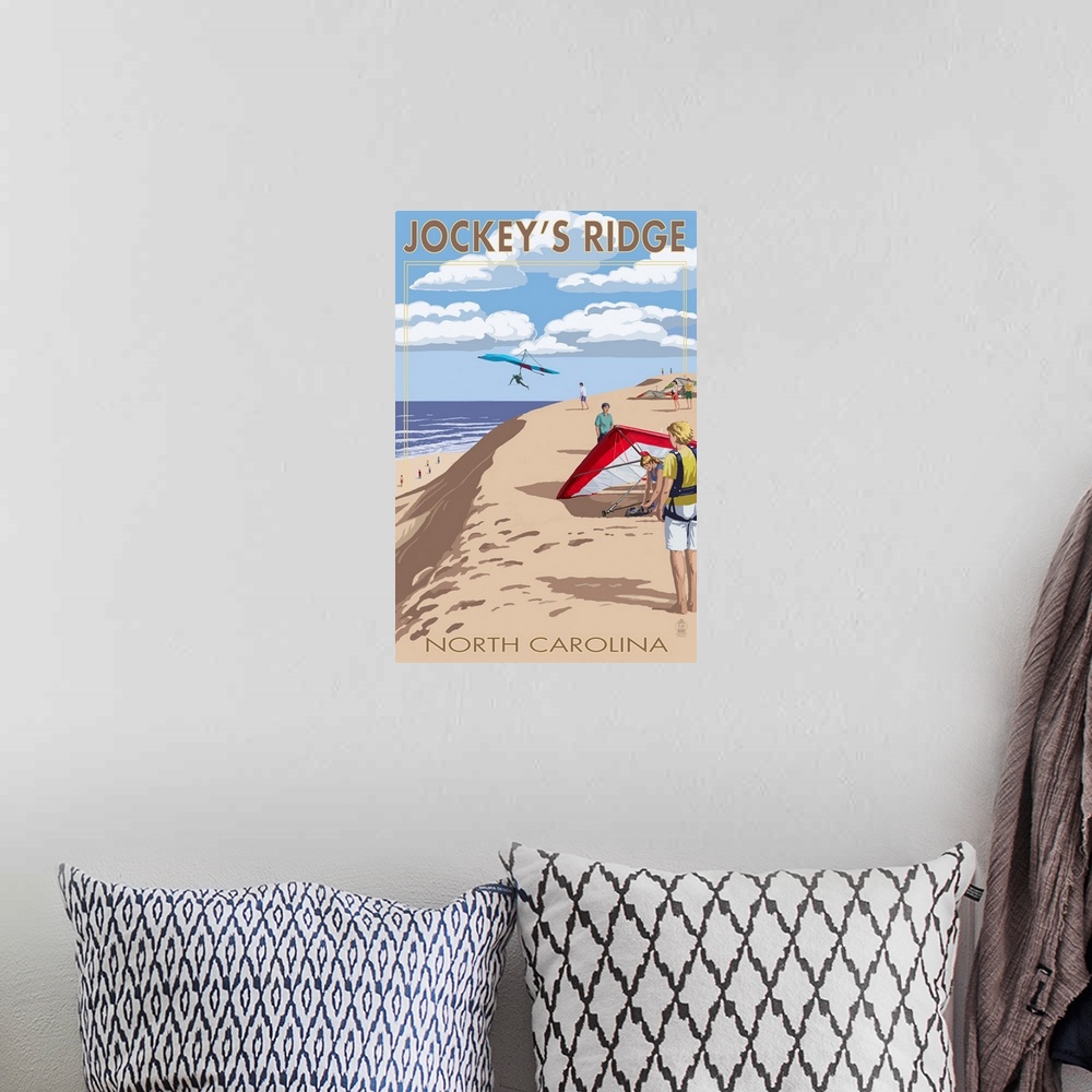 A bohemian room featuring Jockey's Ridge Hang Gliders - Outer Banks, North Carolina: Retro Travel Poster
