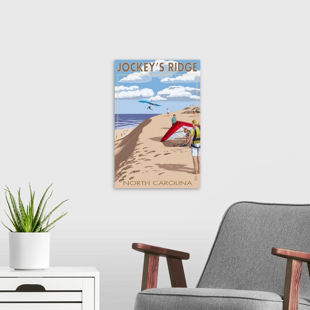 A modern room featuring Jockey's Ridge Hang Gliders - Outer Banks, North Carolina: Retro Travel Poster