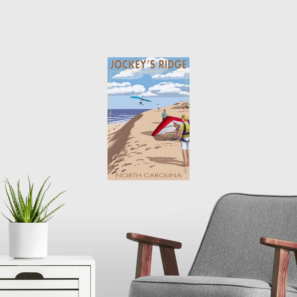 A modern room featuring Jockey's Ridge Hang Gliders - Outer Banks, North Carolina: Retro Travel Poster
