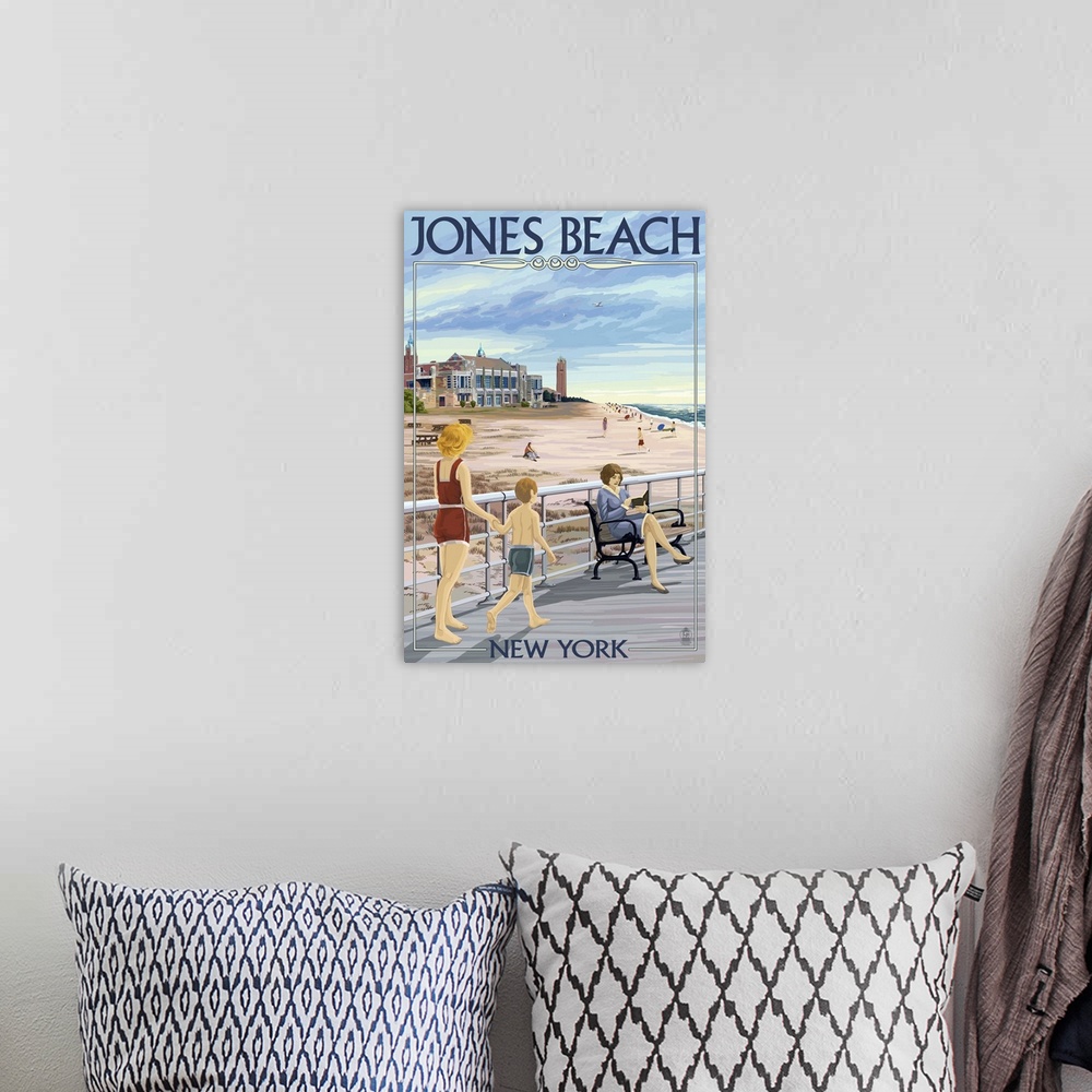 A bohemian room featuring Retro stylized art poster of people on a boardwalk, with a beach and lighthouse in the background.