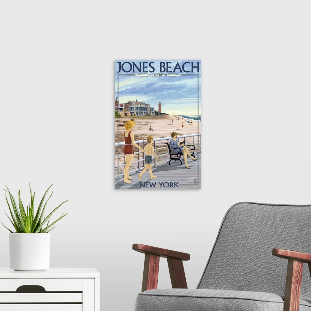 A modern room featuring Retro stylized art poster of people on a boardwalk, with a beach and lighthouse in the background.