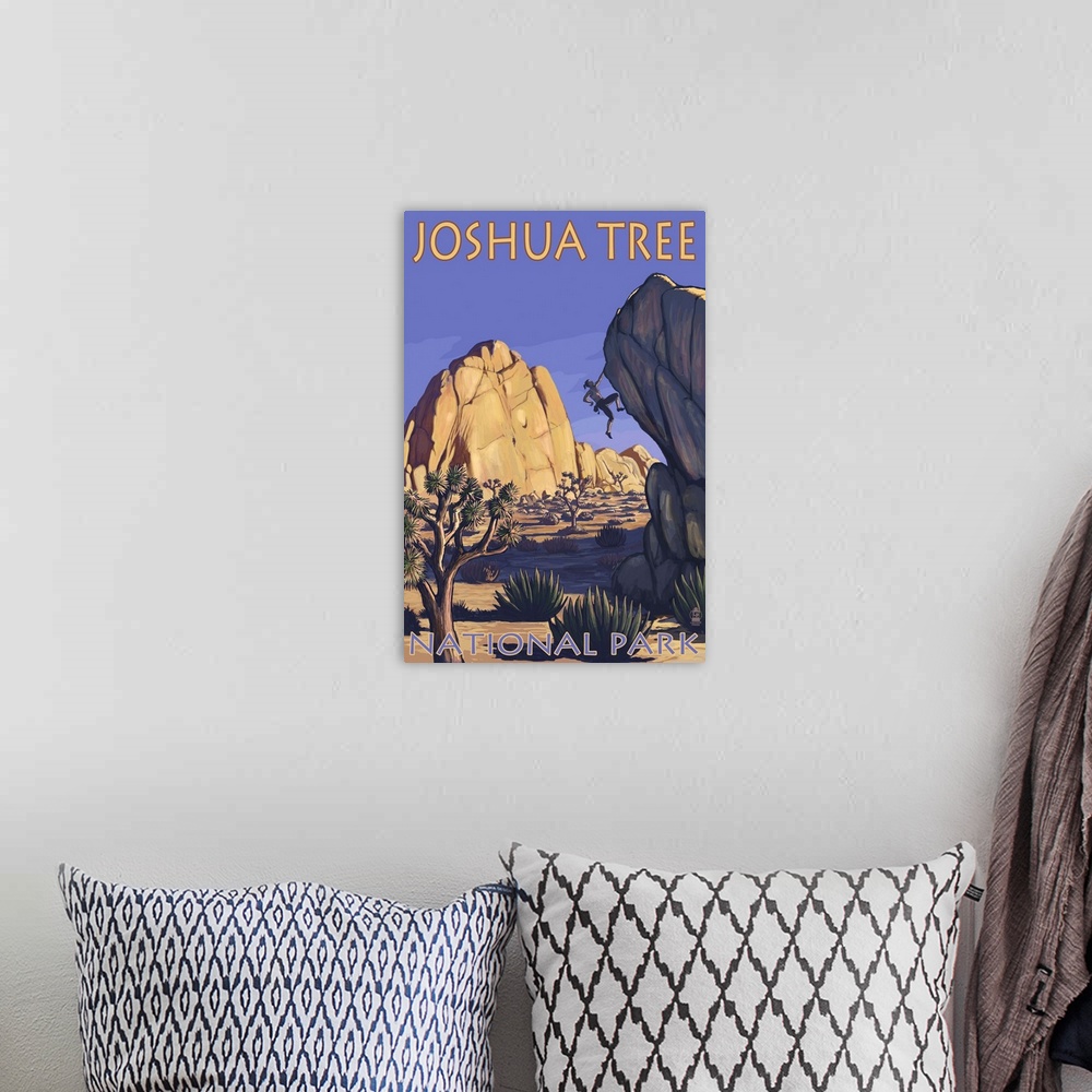 A bohemian room featuring Joshua Tree National Park, CA - Boulder Climber: Retro Travel Poster