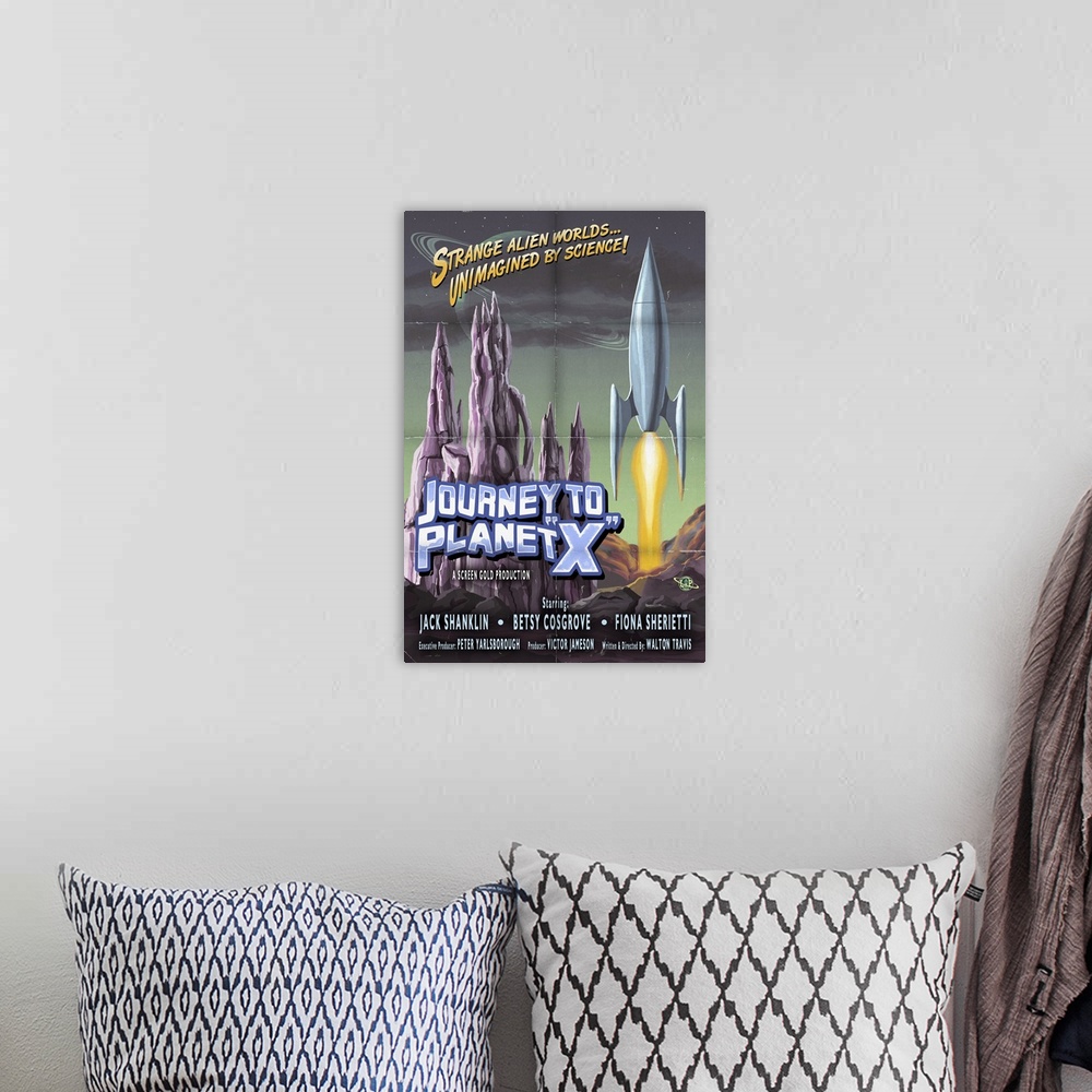 A bohemian room featuring Journey to Planet X: Retro Travel Poster