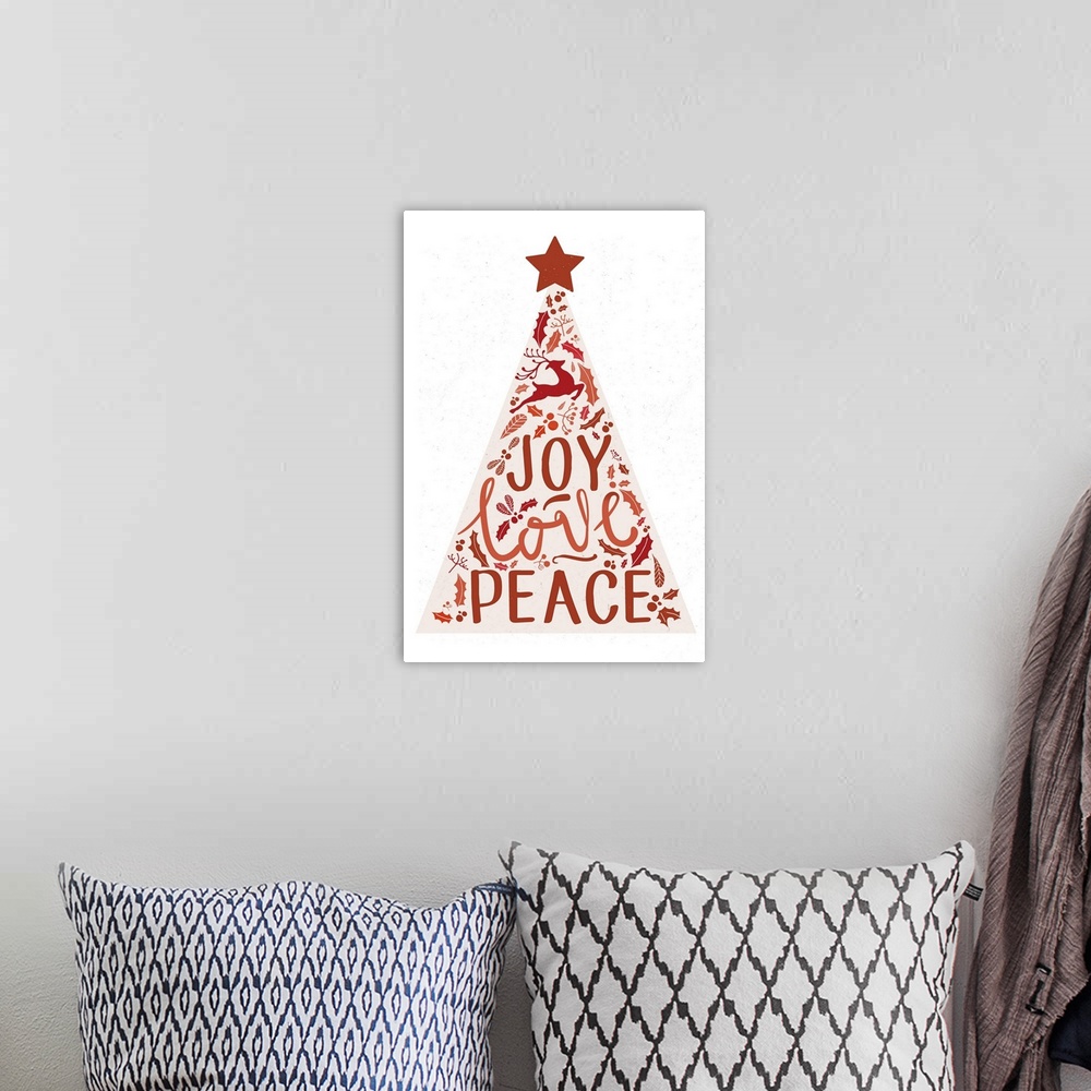 A bohemian room featuring Joy Love Peace Christmas Tree