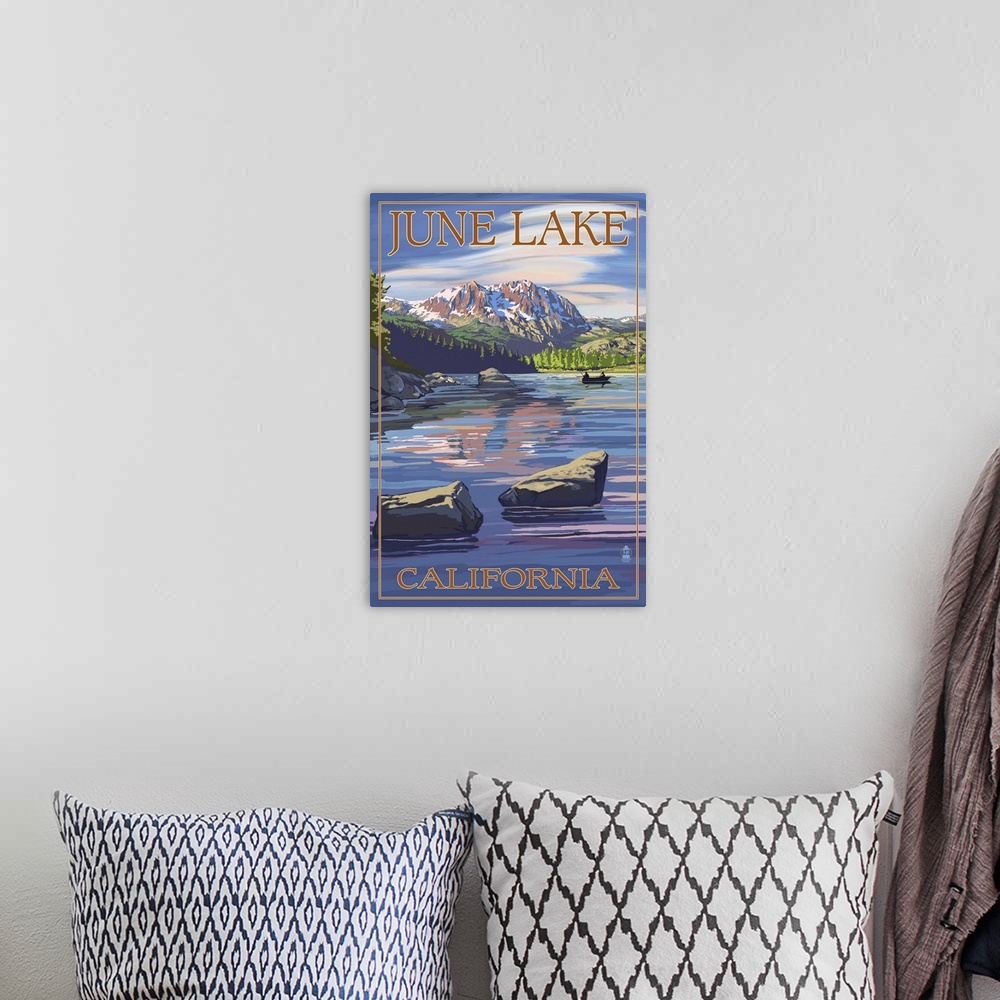 A bohemian room featuring June Lake, California Scene with Sierra Wave: Retro Travel Poster